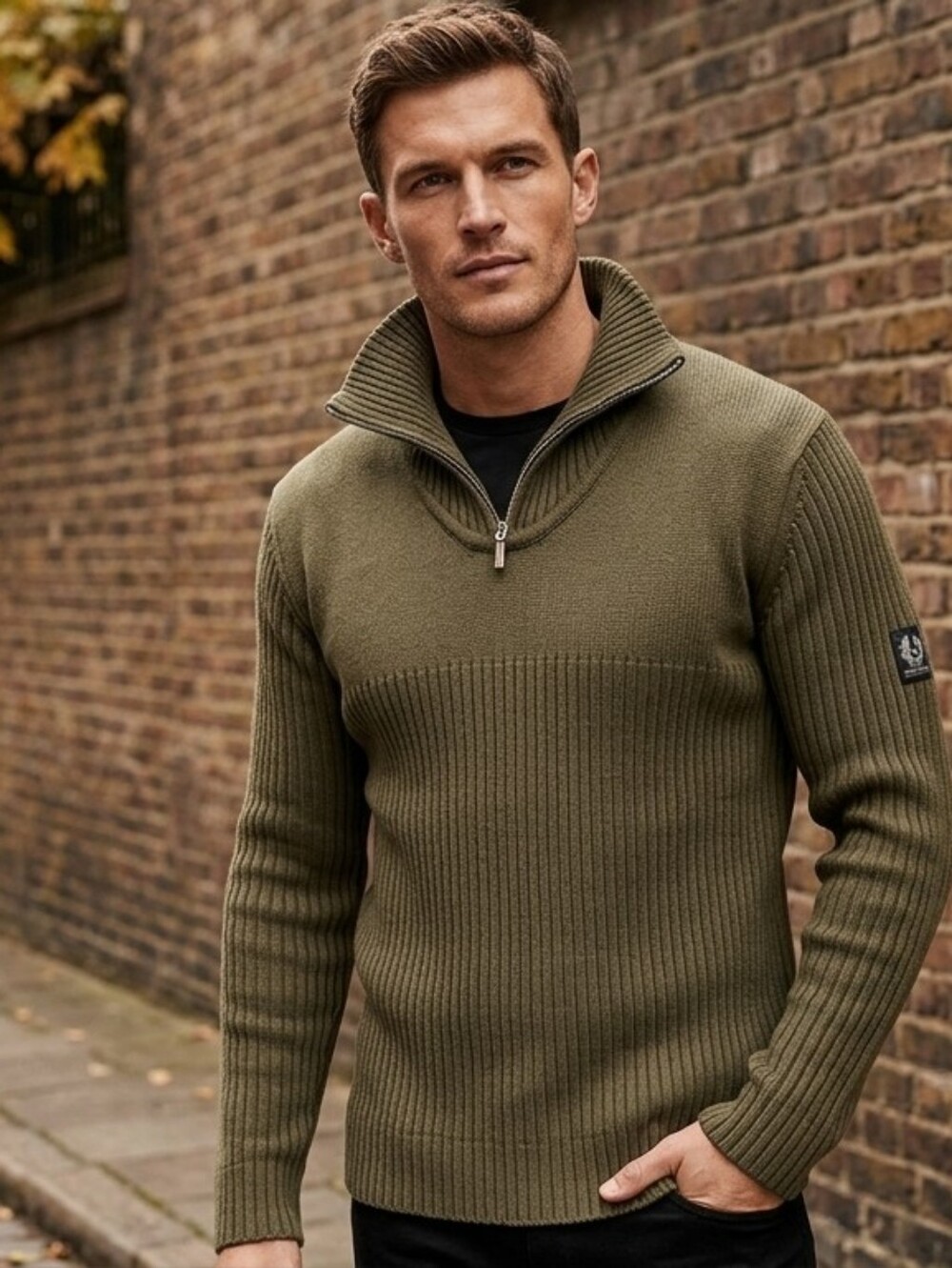 Belstaff Men's Olive Green 1/4 Zip Ribbed Knit Sweater, Medium/Large